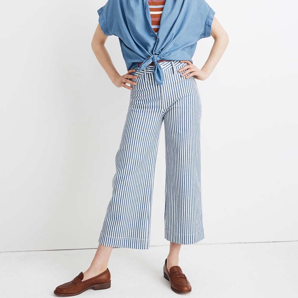 Madewell Emmett Wide-Leg Crop Pants in Herringbone Railroad Stripe